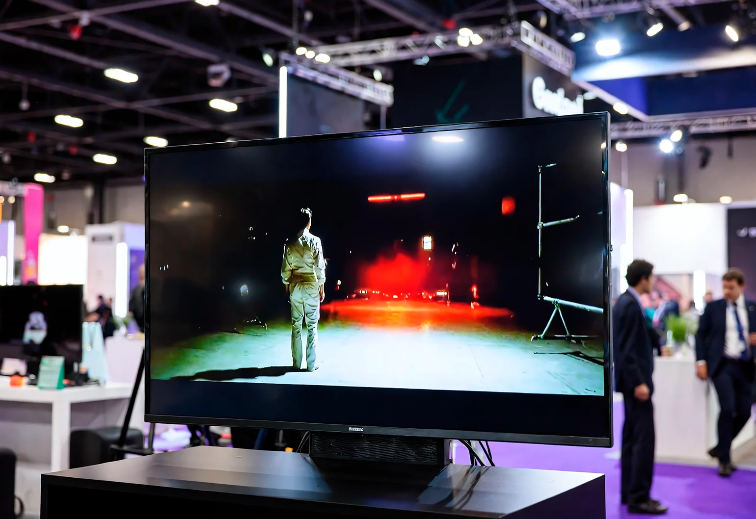 Видеооператор снимает стенд и гостей выставки профессиональной камерой