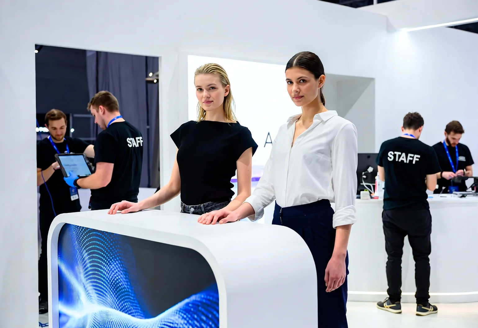 Промо-персонал на стенде общается с посетителями и раздаёт материалы