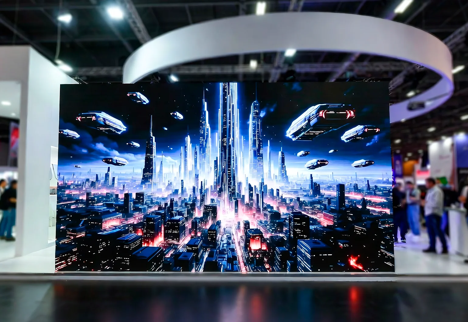 Монтажники устанавливают свет и экраны на выставочном стенде