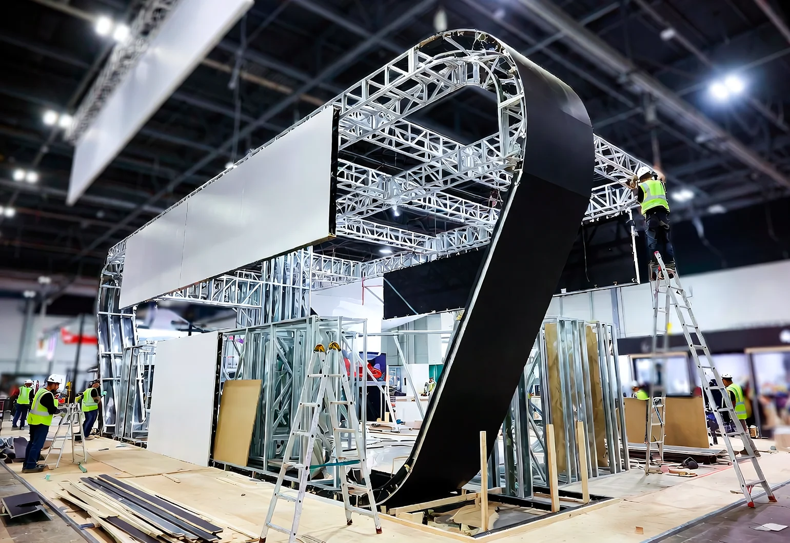 Современный выставочный стенд с подсветкой и посетителями на экспозиции